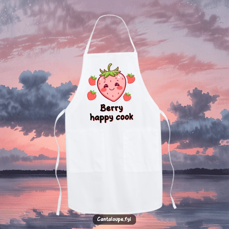 Funny apron adorned with a happy strawberry character making a silly, comical face, perfect for a humorous cooking experience.