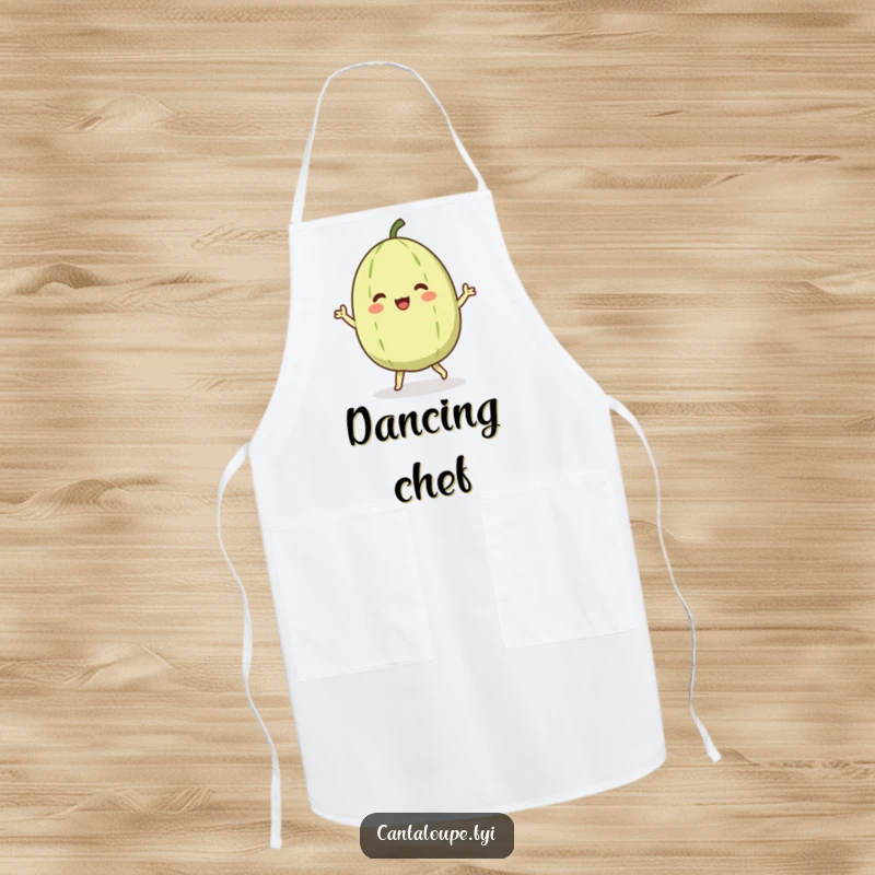 Funny apron featuring a cantaloupe character enthusiastically doing a happy dance while you cook, adding hilarious vibes to the kitchen.
