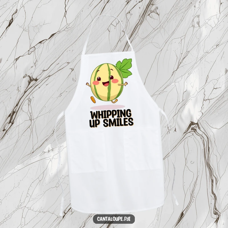 Funny Cantaloupe Apron adorned with a lively cantaloupe segment character in a bouncy step, ready for culinary fun.