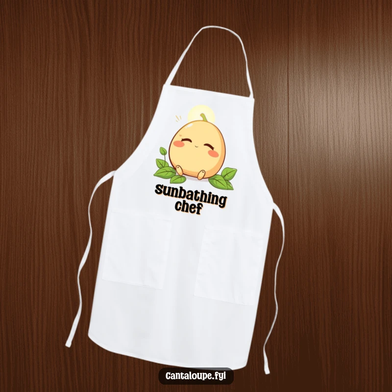 Funny apron featuring a cantaloupe character peacefully basking in a sunbeam with closed eyes, perfect for kitchen activities.