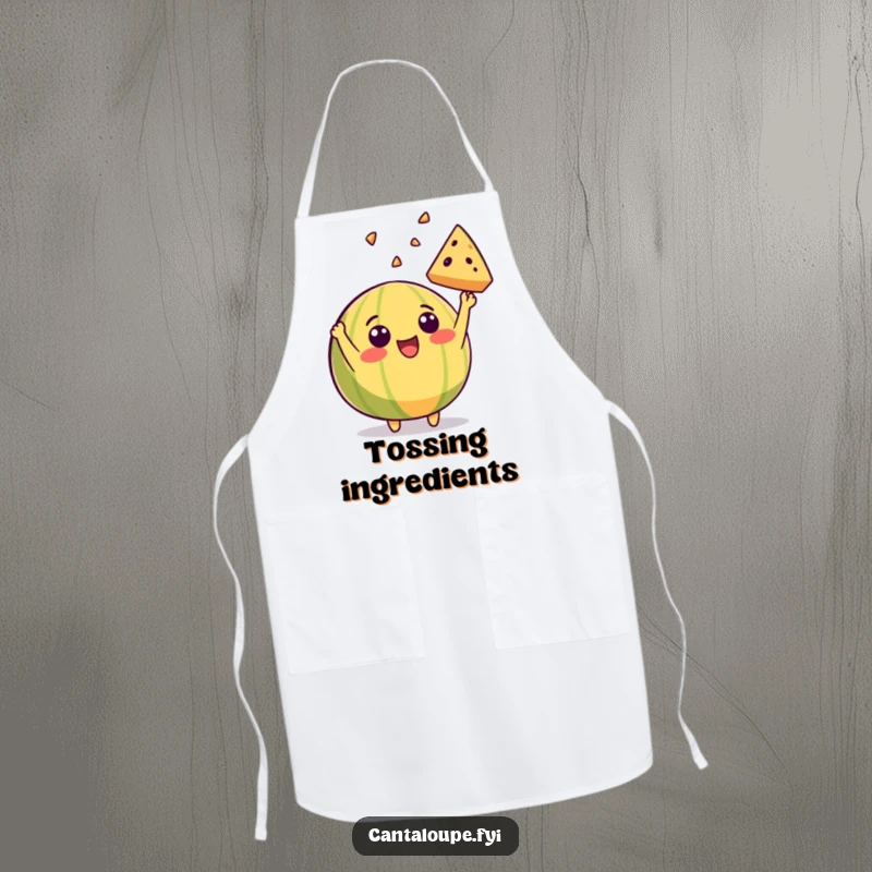 Funny apron featuring a beaming cantaloupe character excitedly throwing a slice of itself into the air while you prepare delicious meals.