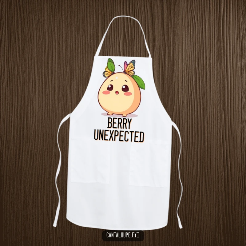 Funny apron featuring a cantaloupe character looking startled as a butterfly lands near it, ideal for kitchen activities.