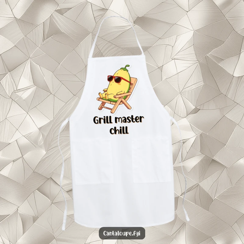 Funny apron featuring a cantaloupe character wearing sunglasses and relaxing on a rind beach chair, bringing cool vibes to your cooking.