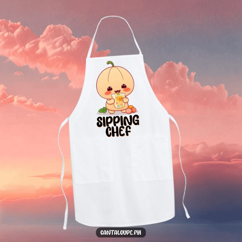 Funny apron featuring a cantaloupe character happily slurping a colorful beverage, perfect for cooking and baking.