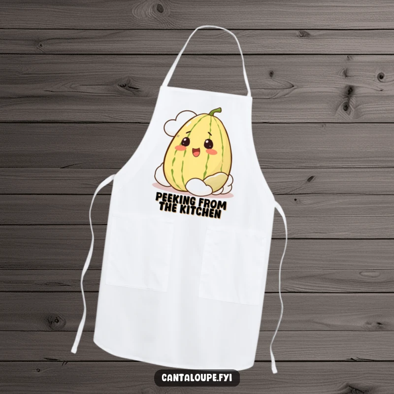 Funny Apron showing a whole cantaloupe character with an excited expression, peeking from behind a cloud, ready for culinary fun.
