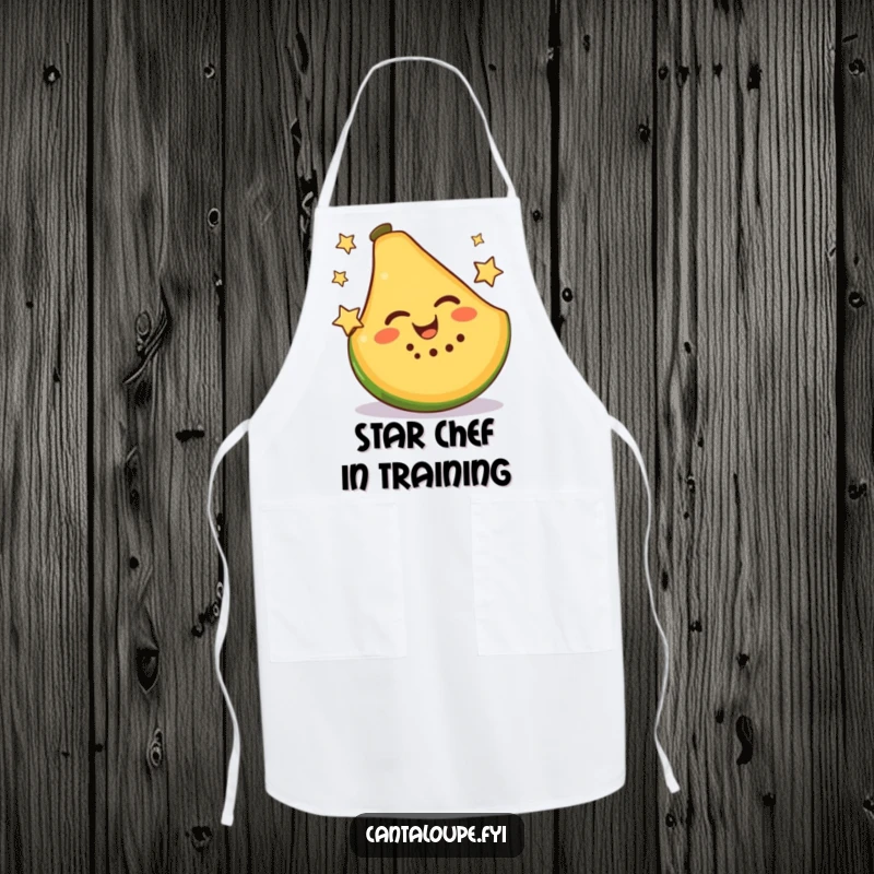 Funny Apron featuring a beaming cantaloupe slice actively juggling two petite stars, ready for kitchen duty with flair.