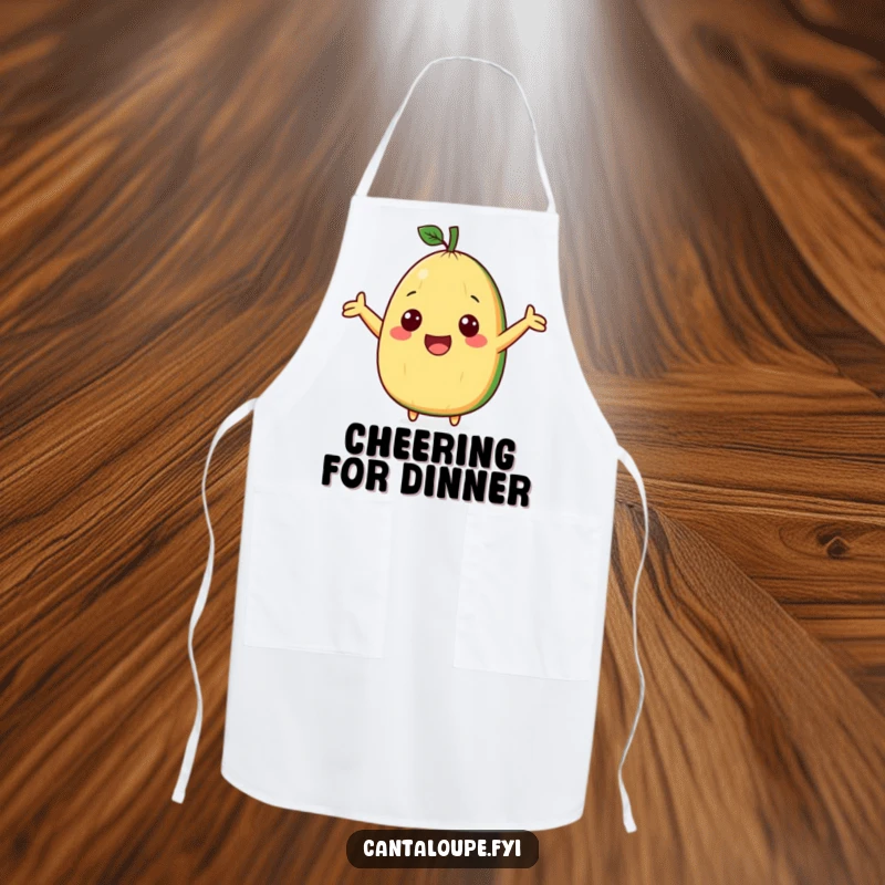 Funny apron depicting a cute cantaloupe wedge character with arms outstretched, cheering enthusiastically while cooking.