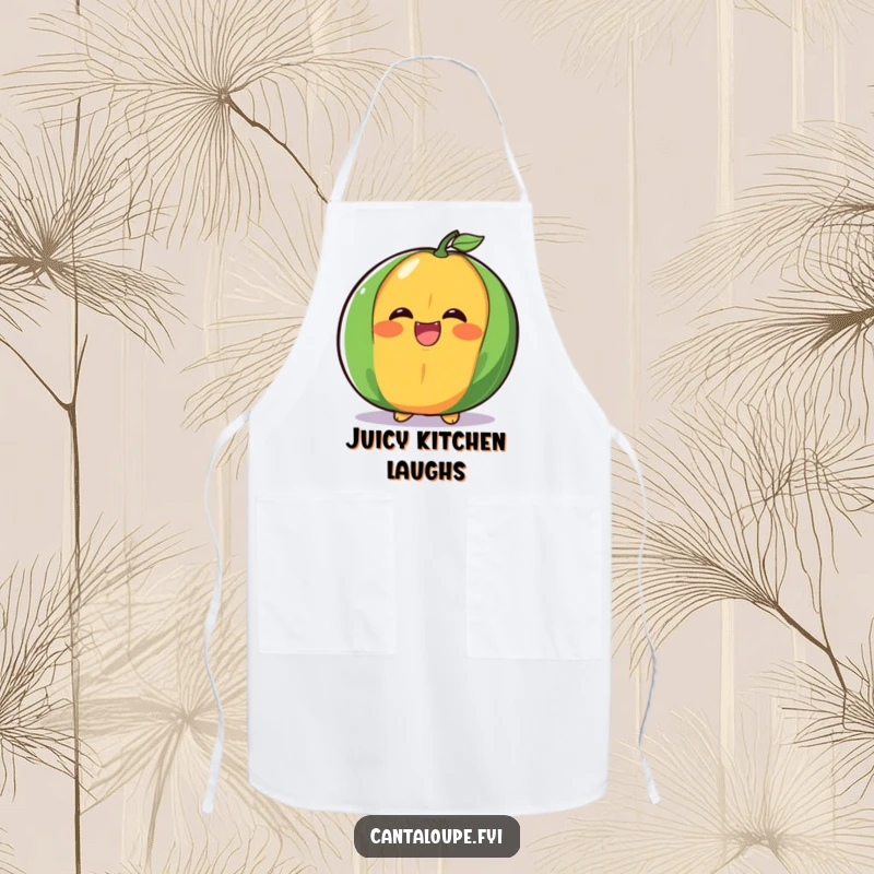 Funny cantaloupe half apron, giggling with a big, juicy laugh, ideal for kitchen fun and protecting clothes with humor.