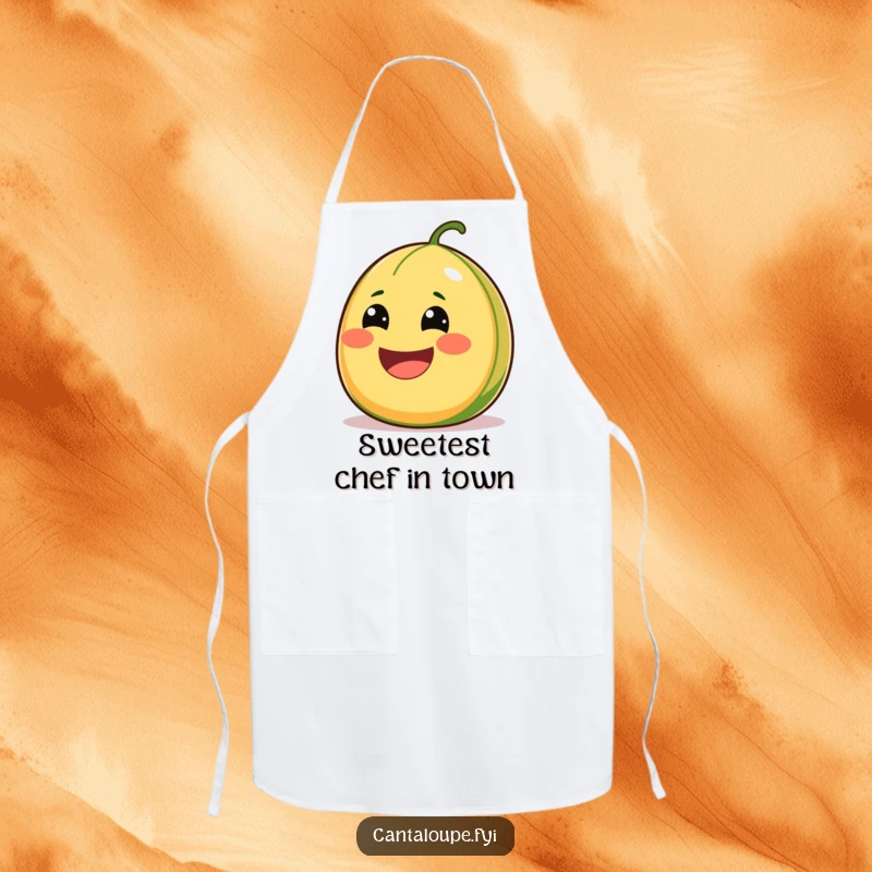 Funny Cantaloupe Apron featuring a comically wide-smiling character, bursting with juiciness, ready for kitchen fun.