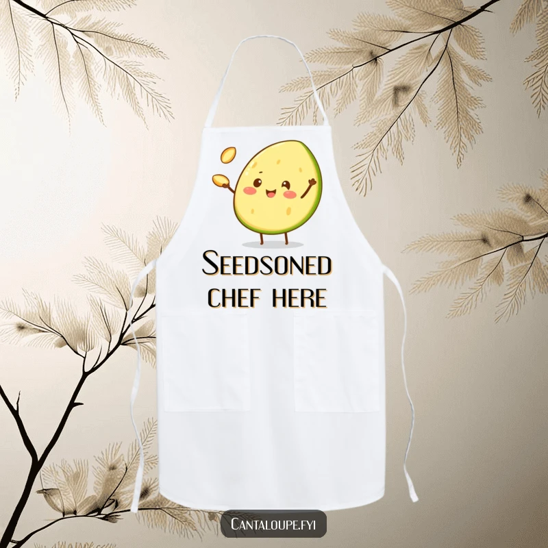 Funny Apron featuring a cheerful cantaloupe wedge character juggling three tiny cantaloupe seeds, perfect for kitchen performances and protection.