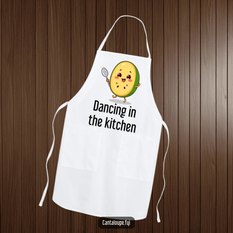 Funny Cantaloupe Slice Apron: A cheerful cantaloupe character dances with a spoon, bringing musical joy and protection to the kitchen. Fun and functional.