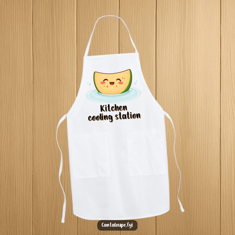 Funny apron showing a giggling cantaloupe slice character bobbing in water, perfect for keeping clothes clean with a fruity, humorous twist.