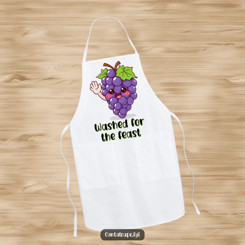 Funny apron featuring a cute grape bunch character giving a friendly wave, perfect for keeping clean while adding kitchen cheer.