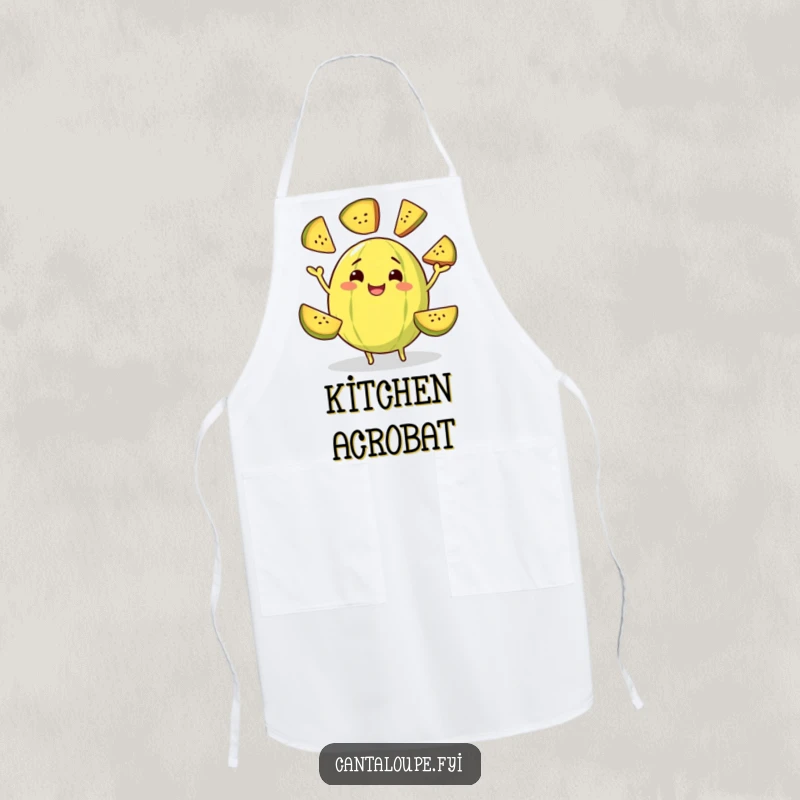 Funny apron featuring a cantaloupe character grinning while juggling slices of itself, perfect for keeping clothes clean during messy culinary acts.