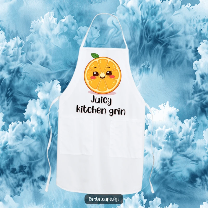 Funny Orange Apron: A cheerful apron featuring a grinning orange slice character, perfect for a happy cooking experience.