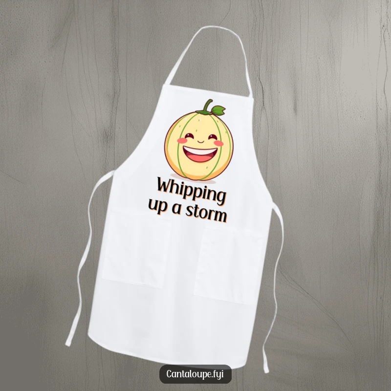 Funny Cantaloupe Apron: A cooking apron illustrated with a cantaloupe gleefully rolling downhill, ideal for a humorous culinary experience.