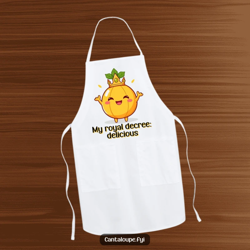 Funny Apron: A crowned cantaloupe poses regally while wearing an apron. A fun and funny gift.