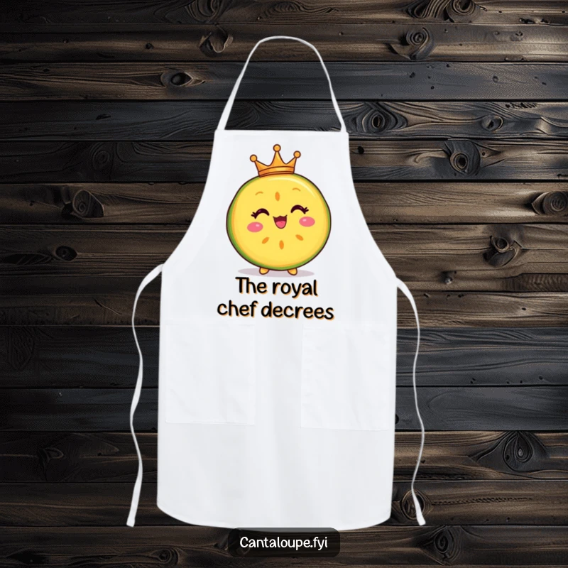 Funny apron showing a delighted cantaloupe slice character wearing a tiny crown, perfect for keeping clothes clean with royal, fruity humor.