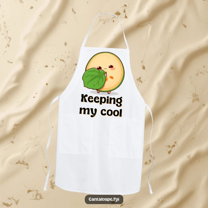 Funny Cantaloupe Apron: A cooking apron illustrated with a cantaloupe slice fanning itself with a leaf, providing humorous kitchen protection.