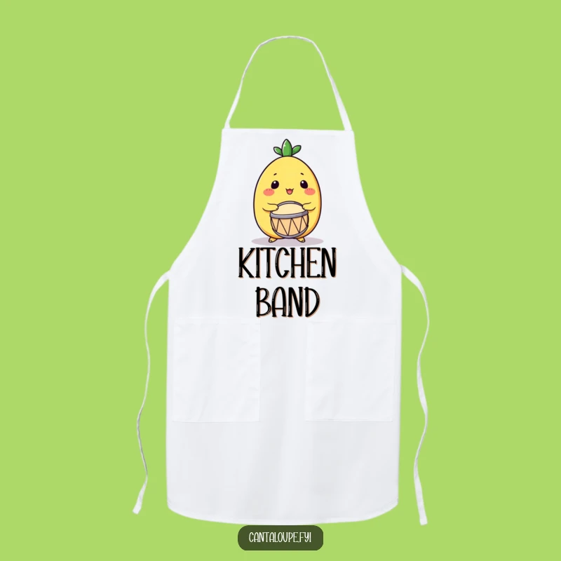 Funny Drumming Cantaloupe Apron: Excited Melon Character, Music Kitchen Gift