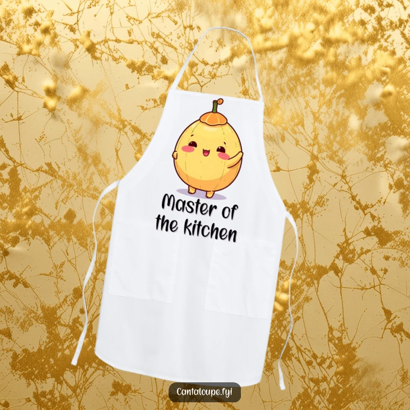Funny apron featuring a happy anthropomorphic cantaloupe character spinning a colorful top, perfect for kitchen fun.