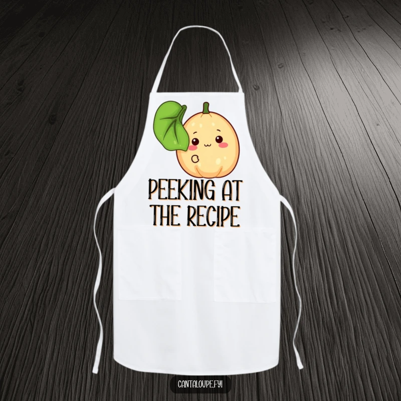 Funny Apron: A shy cantaloupe peeks from behind a leaf while wearing an apron. A cute and funny gift.