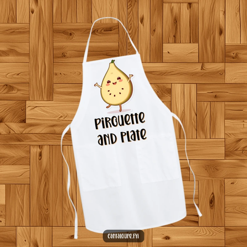 Funny apron depicting a smiling cantaloupe slice character performing a cheerful pirouette, perfect for kitchen creations.
