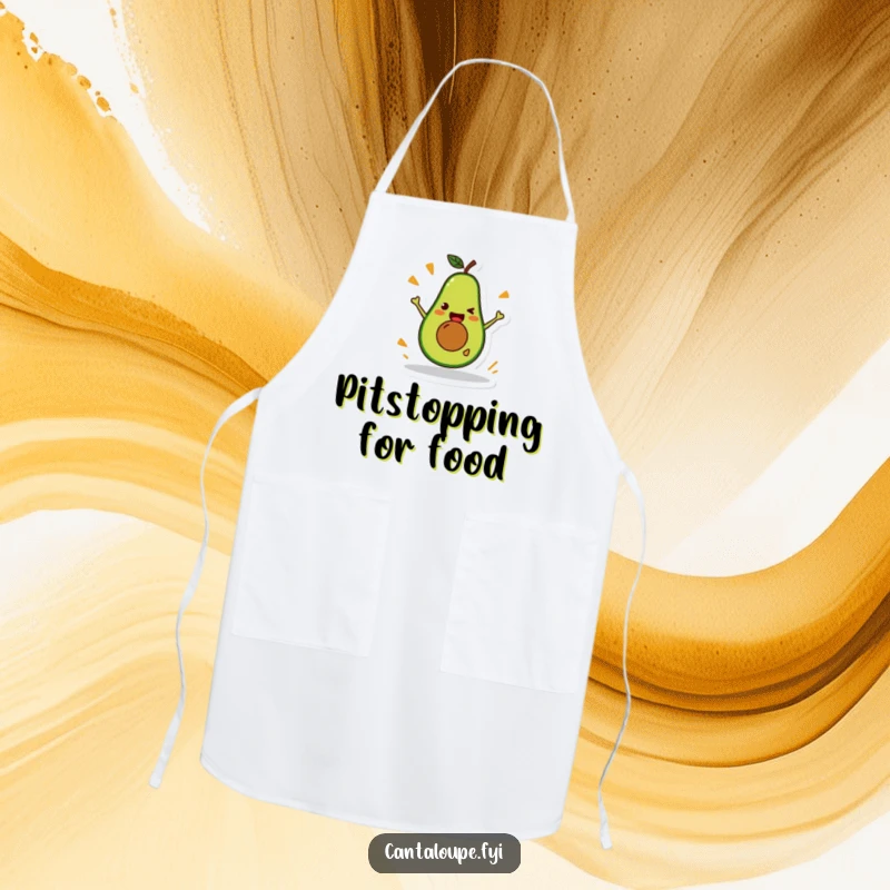 Funny Avocado Apron: A chef apron featuring a happy avocado character performing a silly stunt, perfect for a fun cooking session.
