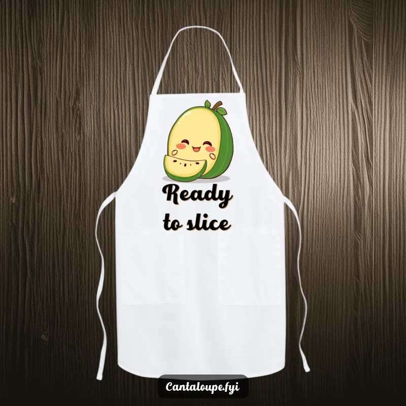 Funny Gleeful Cantaloupe Apron: An apron featuring a cantaloupe character with a joyful expression during a gentle slicing, designed for humorous kitchen wear.