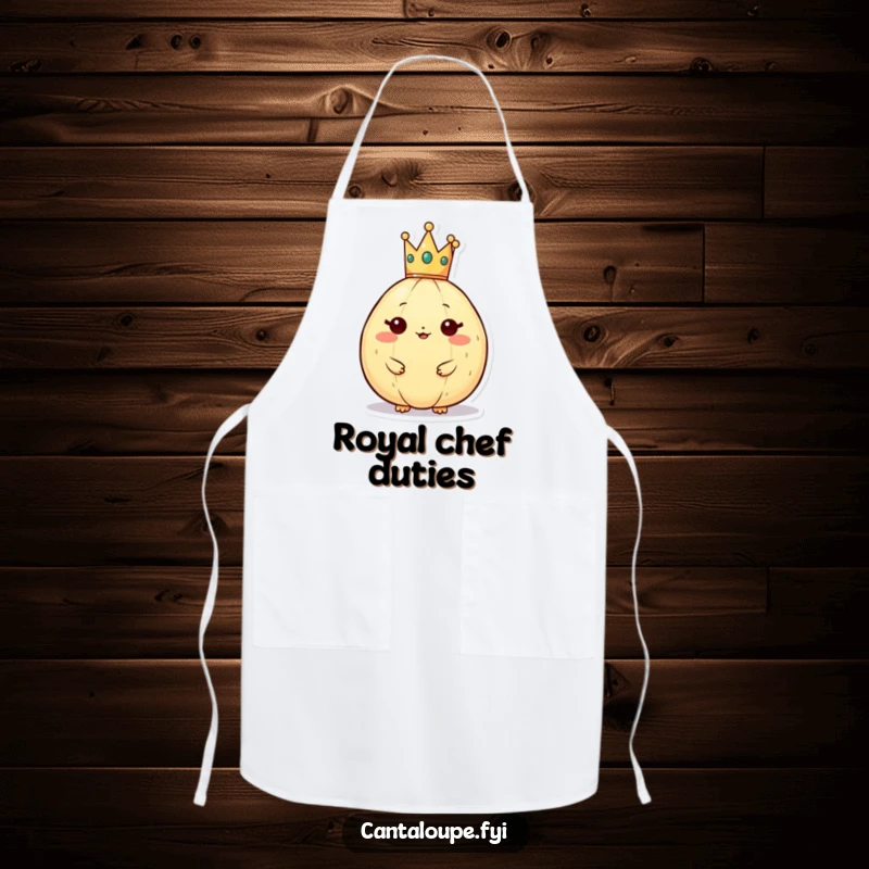 Funny cantaloupe character wearing a crown on a kitchen apron, combining royal authority with practical kitchen protection.