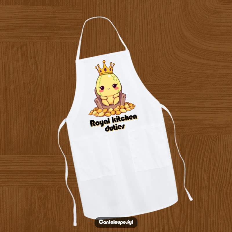 Funny apron featuring a cantaloupe character wearing a crown and seated on a throne of seeds, ready for royal kitchen duties.