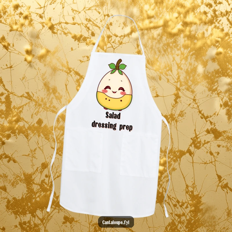 Funny cantaloupe character looking excited to be part of a fruit salad, a humorous and practical apron for the kitchen.