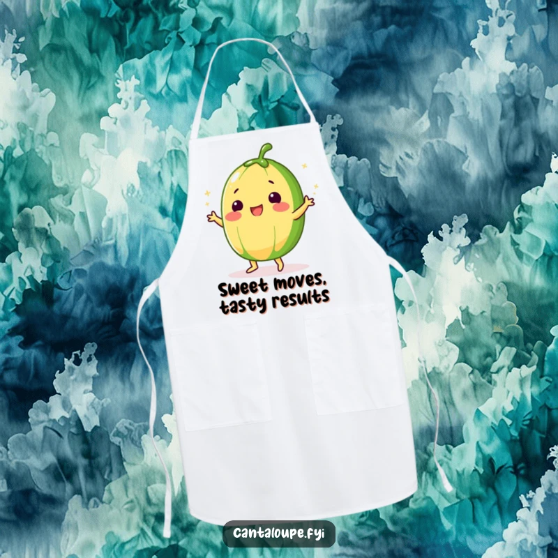 Funny Cantaloupe Apron featuring a character doing a silly dance, dusted with sugar, ready for kitchen fun and flair.
