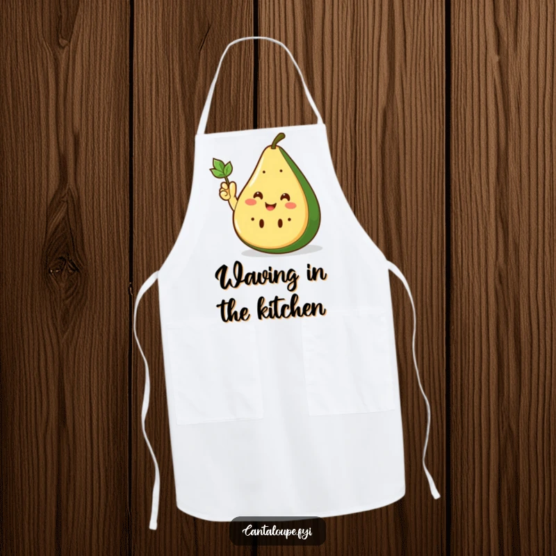 Funny Apron showing a smiling cantaloupe wedge enthusiastically waving with its small leafy hand, ready for kitchen fun.