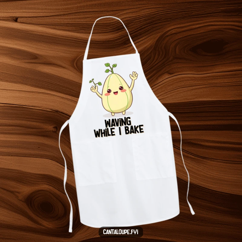 Funny Apron: A happy cantaloupe wearing an apron and waving hello with vine arms. A practical and funny gift.