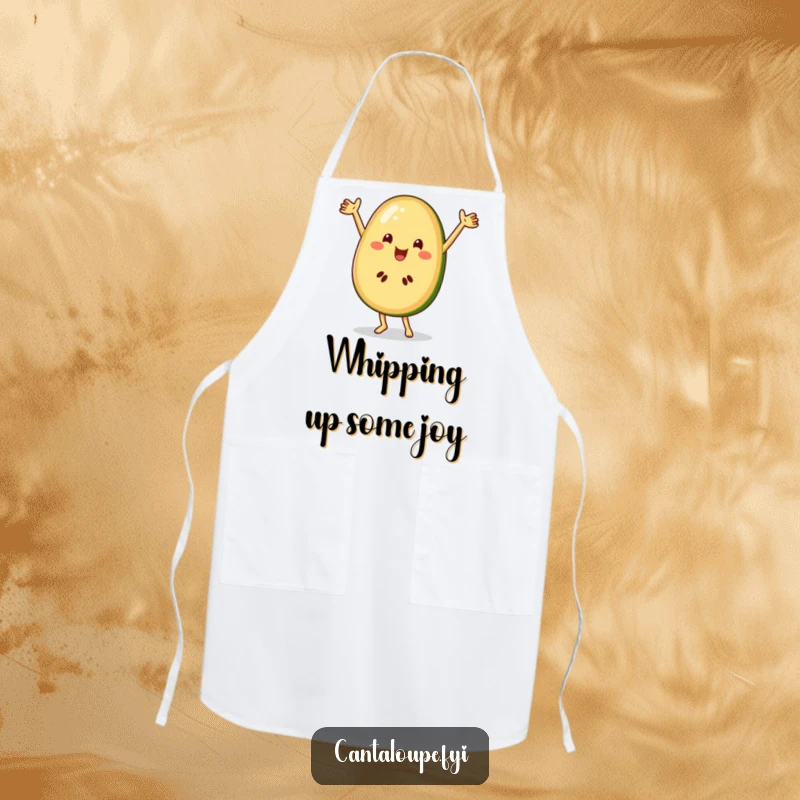 Funny cantaloupe character dancing happily while wearing a chef's apron, bringing humor to cooking.