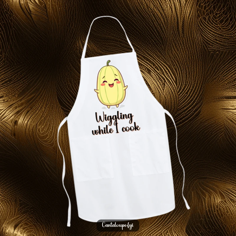 Funny apron depicting a grinning cantaloupe character wiggling with pure joy, perfect for happy cooking.