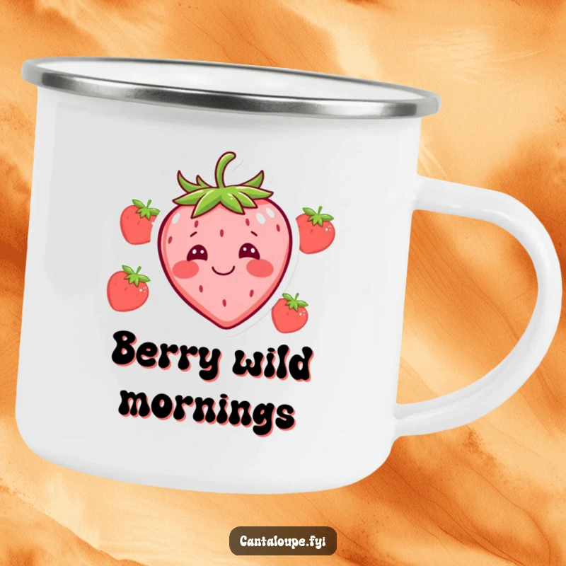 Funny camping mug with a happy strawberry character making a silly face, perfect for outdoor adventures and humorous sipping.