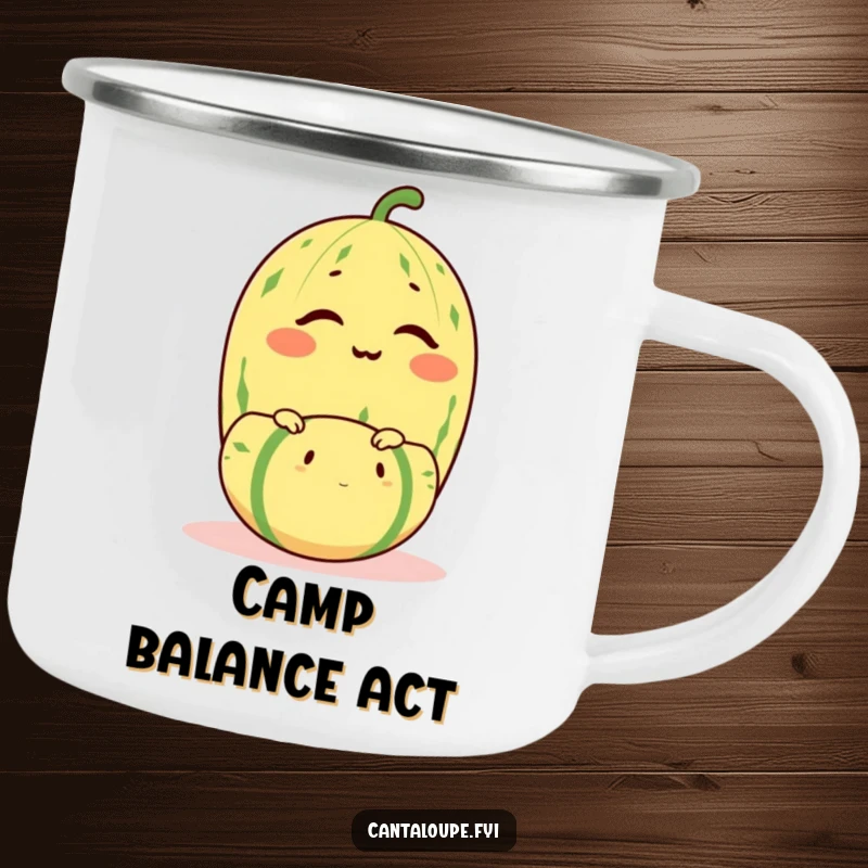 Funny cantaloupe character winking while balancing a smaller melon, designed for an enamel camping mug.