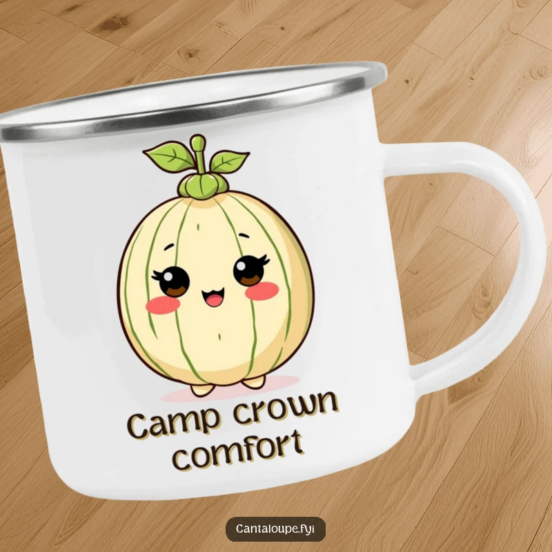 Funny Camping Mug: Cantaloupe character proudly wearing a tiny stem hat, perfect for outdoor excursions and warm drinks.