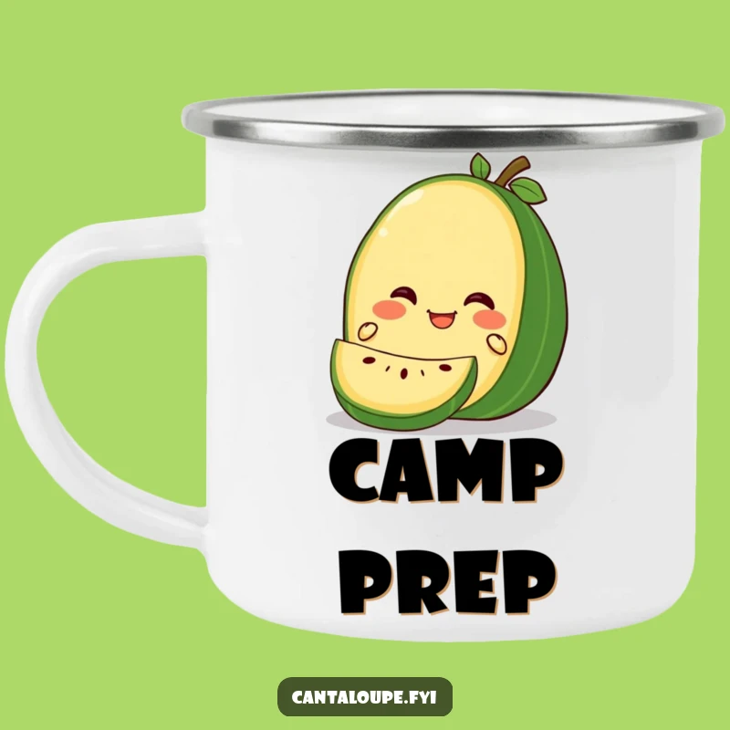 Funny Gleeful Cantaloupe Slice Camping Mug: Happy Melon Character, Outdoor Fun
