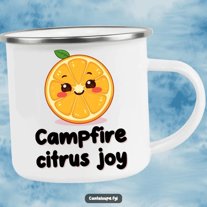 Funny Orange Camping Mug: A durable enamel mug featuring a grinning orange slice character, perfect for outdoor enjoyment.