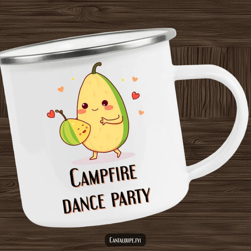 Funny Camping Mug: An anthropomorphic cantaloupe dances a merry waltz with another fruit, bringing fruity fun and humor to outdoor settings.