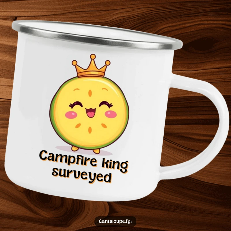 Funny camping mug with a delighted cantaloupe slice character wearing a tiny crown, ideal for enjoying beverages during regal outdoor adventures.