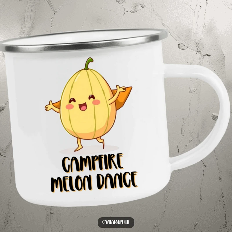 Funny cantaloupe character in a silly dance pose, its rind as a cape, designed for an enamel camping mug.