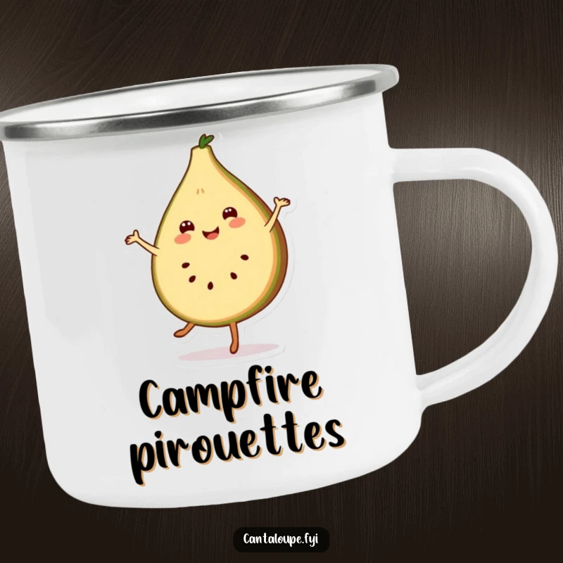 Funny camping mug showcasing a smiling cantaloupe slice character in a cheerful pirouette, perfect for outdoor enjoyment.