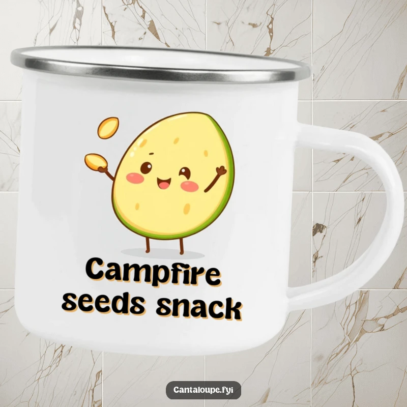 Funny Camping Mug with a cheerful cantaloupe wedge character juggling three tiny cantaloupe seeds, perfect for outdoor performers.