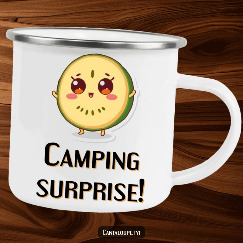 Funny camping mug with a cantaloupe slice character mid-bounce, eyes wide with surprise, perfect for outdoors.