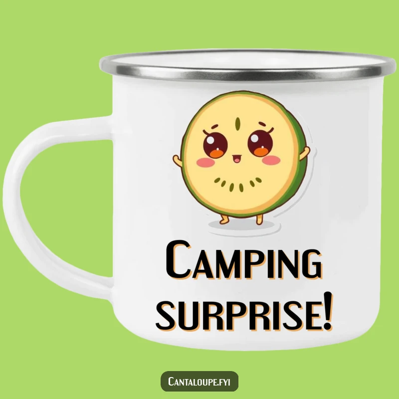 Funny Bounce Camping Mug: Cantaloupe Surprise, Outdoor Fruit Fun Gift