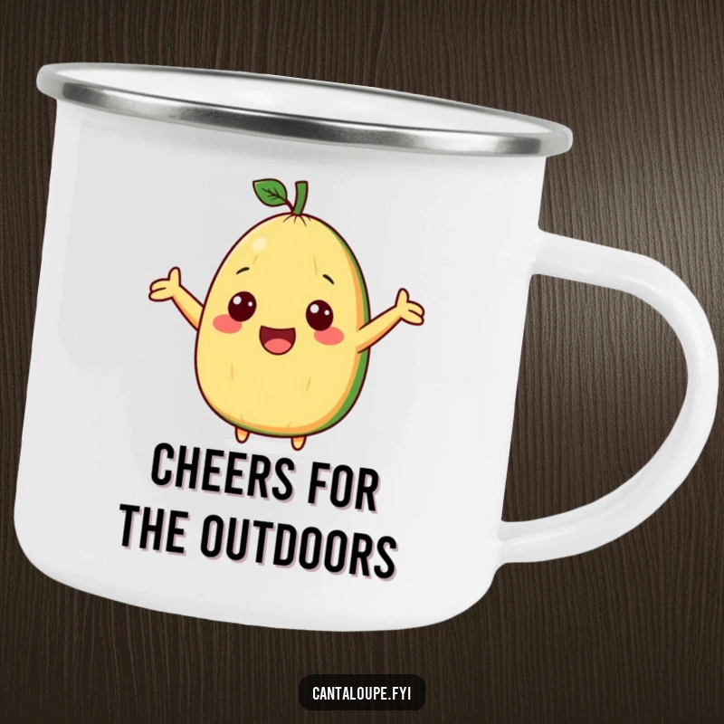 Funny camping mug showcasing a cute cantaloupe wedge character with arms outstretched, cheering enthusiastically outdoors.